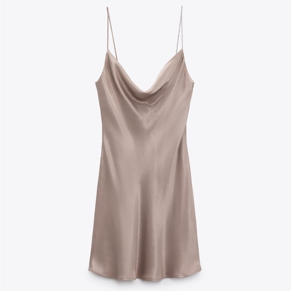 Zara Dresses & Skirts - Zara Taupe Satin Rhinestone Jewel Strap Cowl Neckline Mini Slip Dress